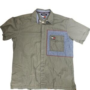 Tommy Jeans Shirt Mens Large Green Patchwork Bus Hawaiian Camp Button Up